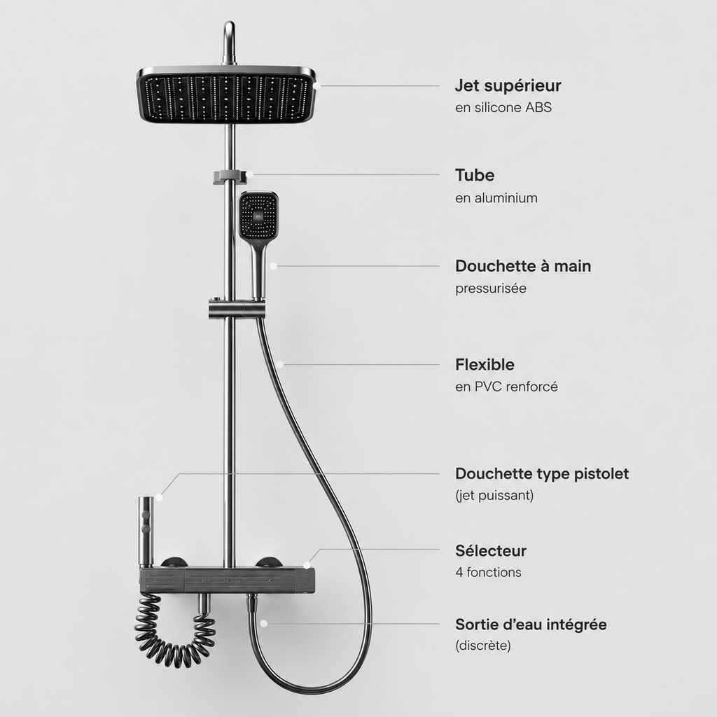 Colonne de Douche Chrome Moderne – Pommeau Pluie et Douchette Réglable