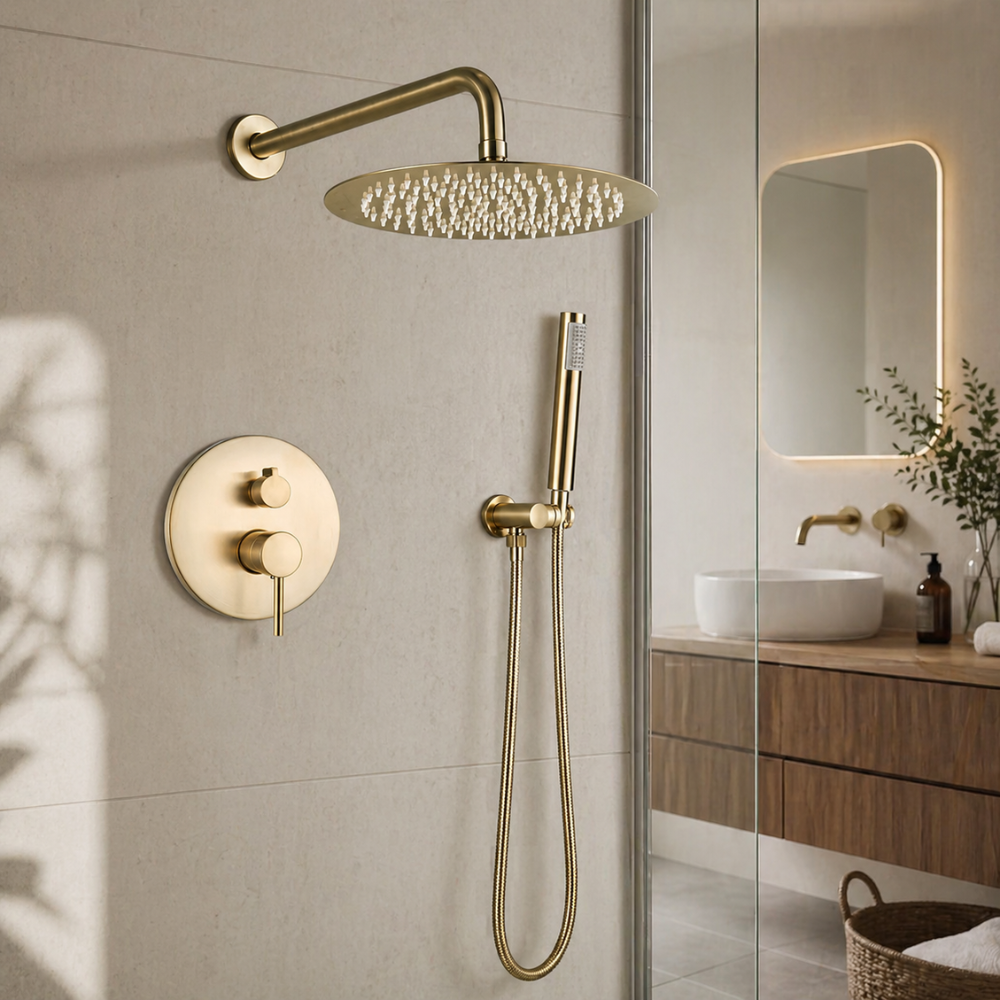 Colonne de Douche Encastrée Or Brossé – Pommeau Pluie et Douchette à Main avec Mitigeur