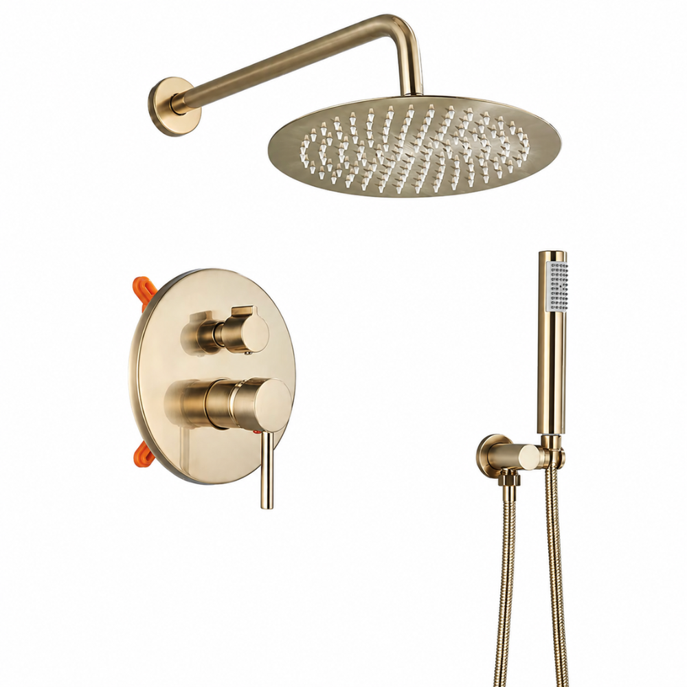 Colonne de Douche Encastrée Or Brossé – Pommeau Pluie et Douchette à Main avec Mitigeur