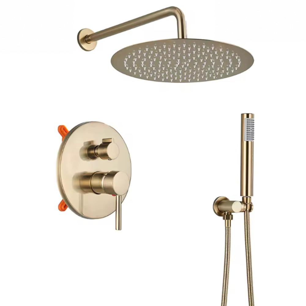 Colonne de Douche Encastrée Or Brossé – Pommeau Pluie et Douchette à Main avec Mitigeur